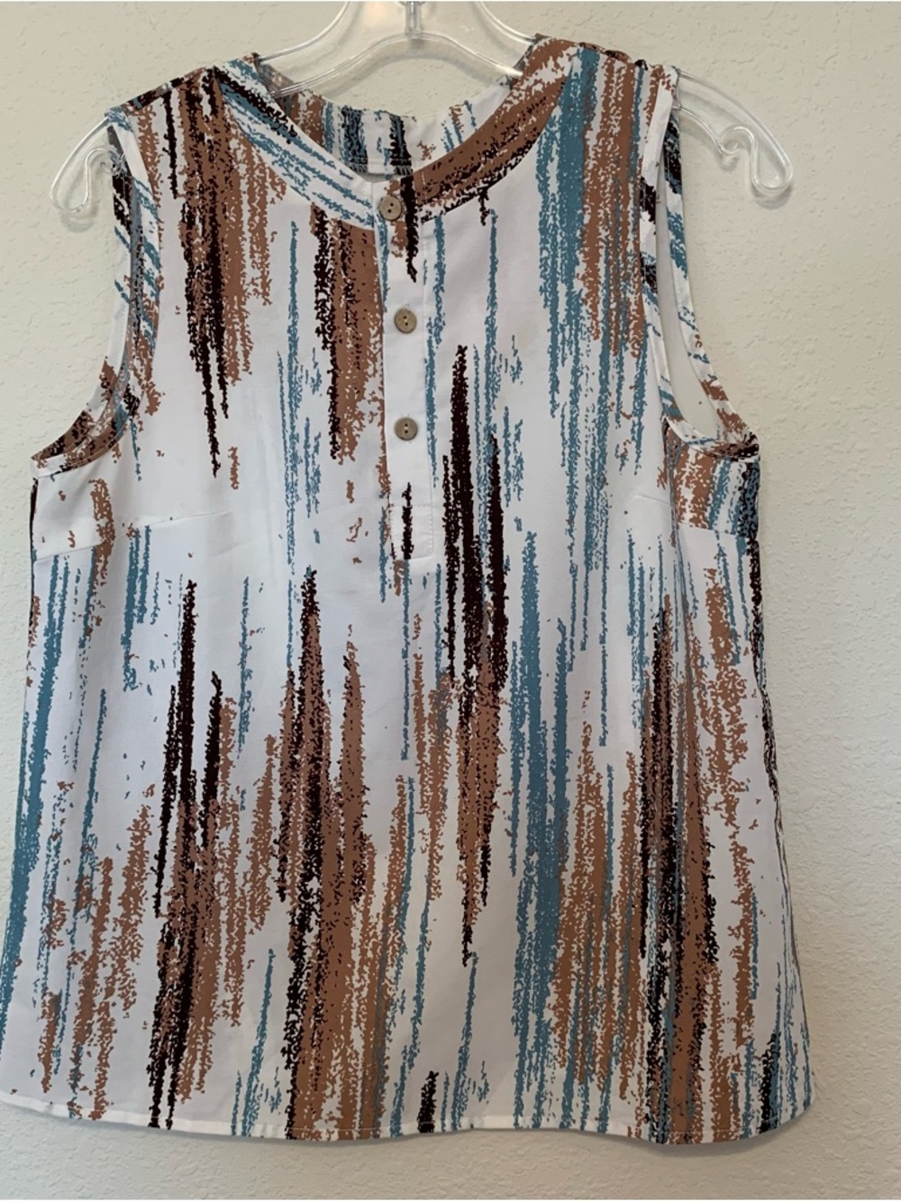 SHEIN White Tank Top with Teal‎ & Brown Abstract Stripes Medium